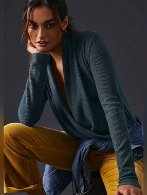 Anthropologie Teal Ribbed Cowl-Neck Sweater